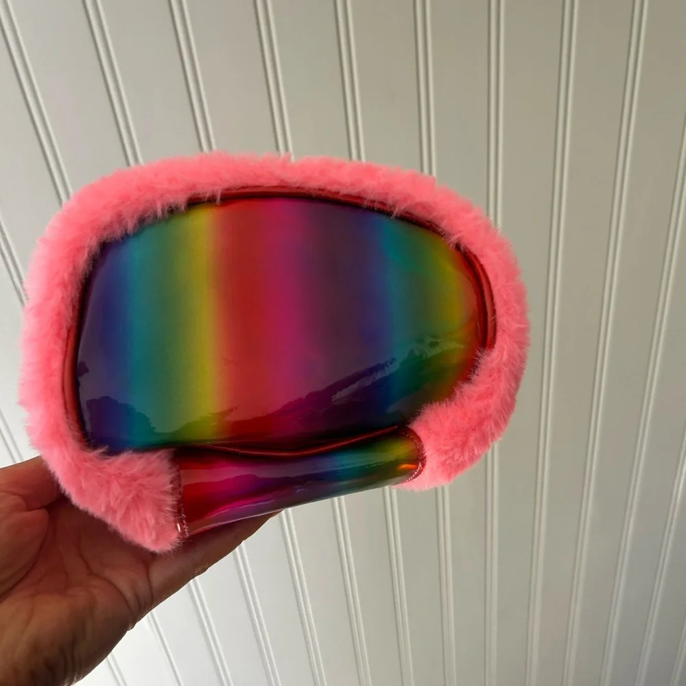 ⭐️ NEW Claire's Pink Furry Animal Pouch Bag Rainbow Ears iridescent